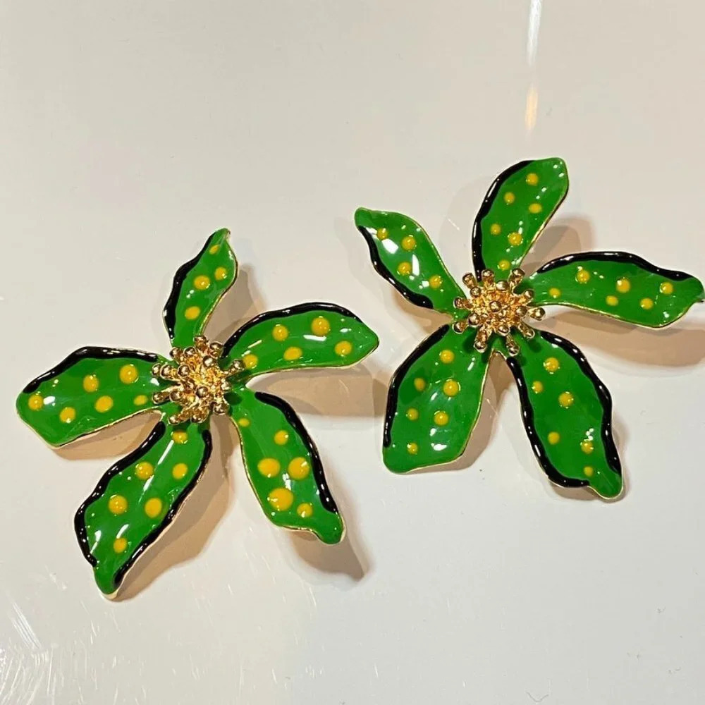Vibrant Green Tropical Green Flower Earrings Large